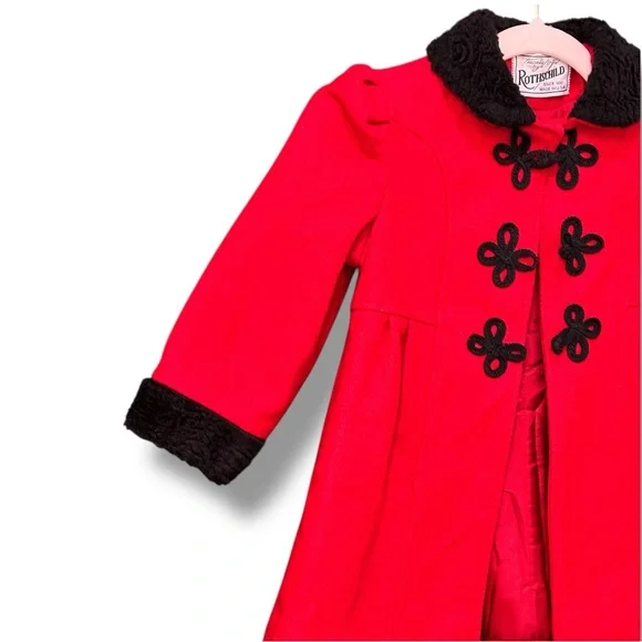 Rothschild Red Pea Coat for Girls with Black Details
